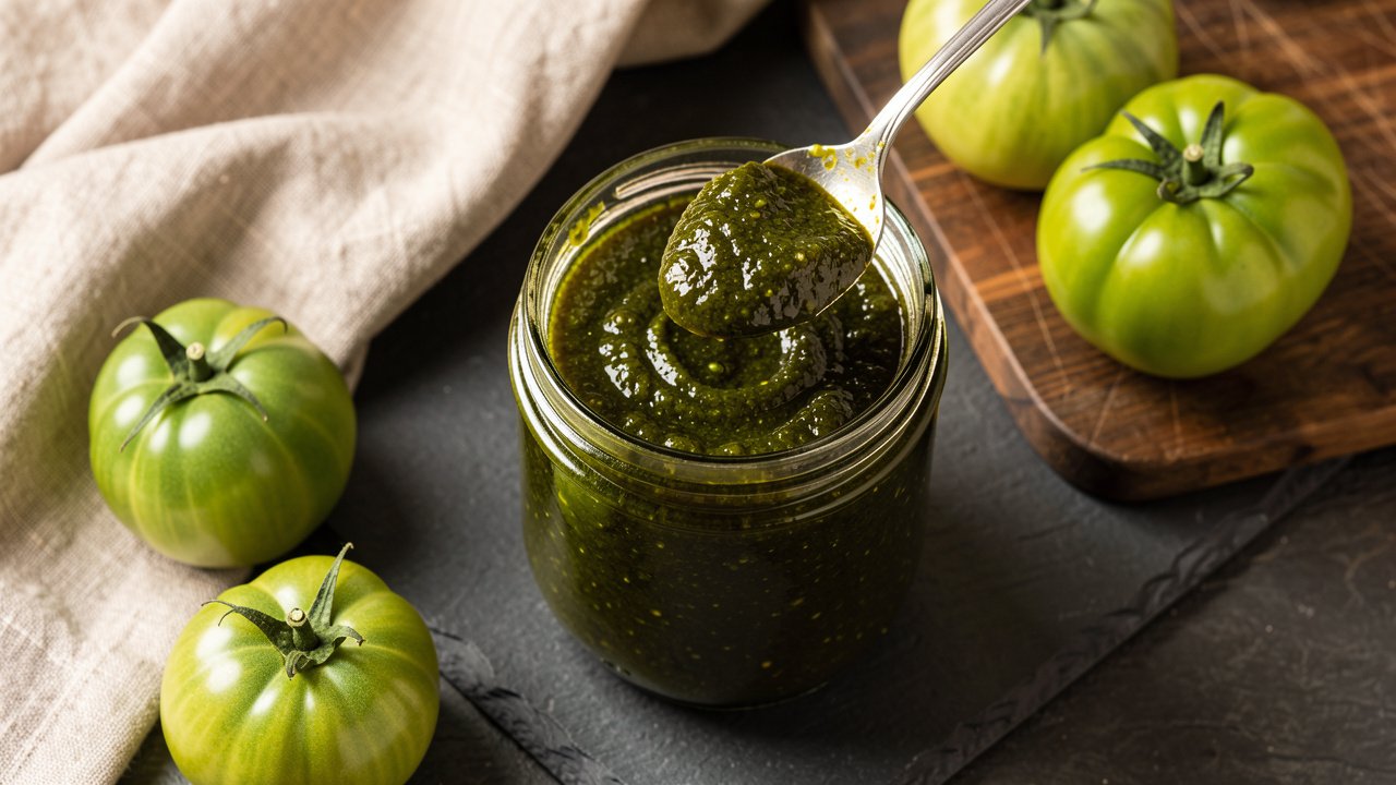 Jars of dark, glossy homemade green tomato chutney with whole green tomatoes beside them