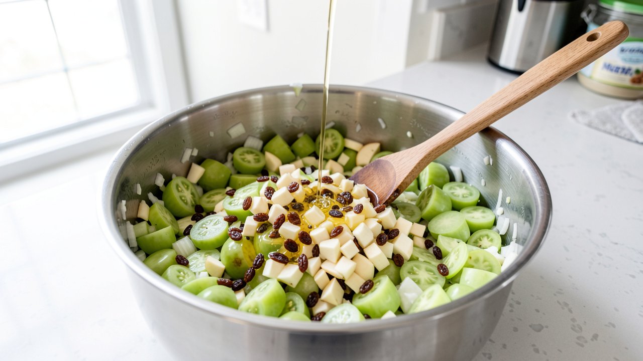 Chopped green tomatoes, onions, apple, and raisins with vinegar in a preserving pan before cooking