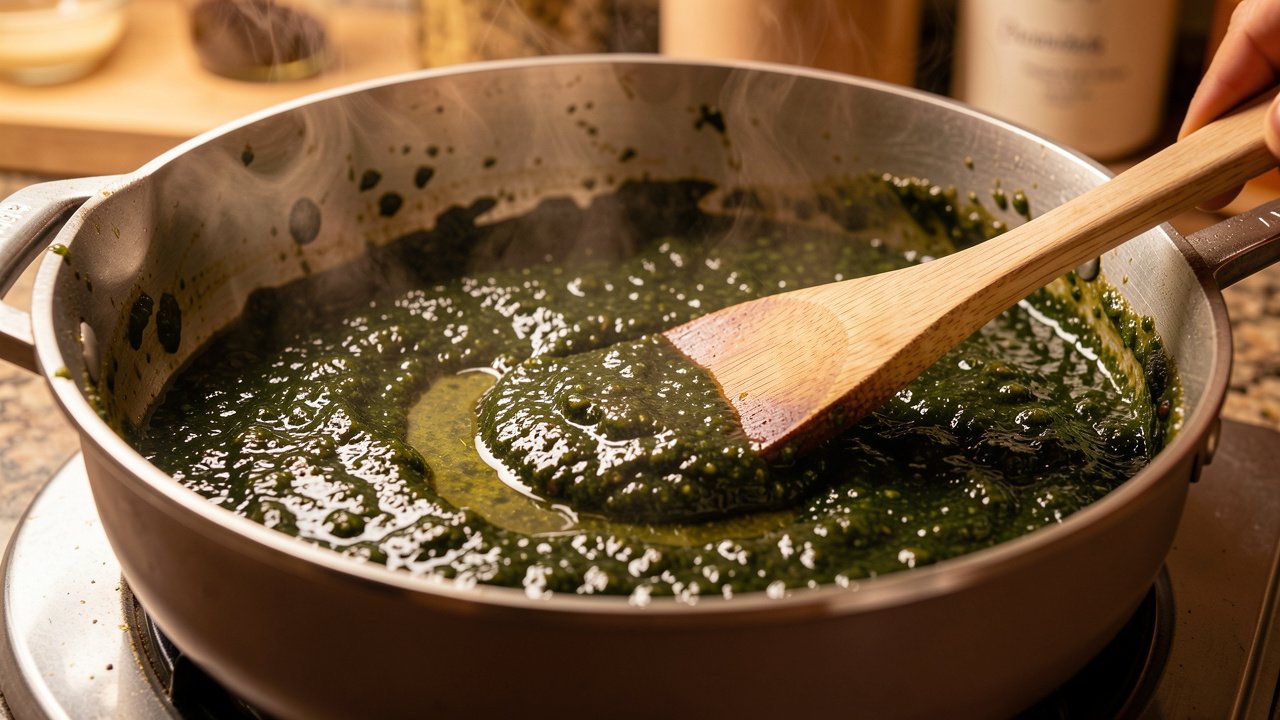 A spoon drawn through thick green tomato chutney leaving a clear channel across the pan