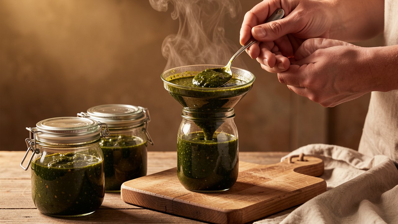 Hot green tomato chutney being ladled into a sterilized glass jar through a funnel