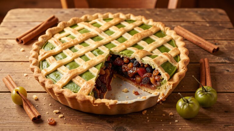 A lattice-topped green tomato mock mincemeat pie with one slice removed showing dark spiced fruit filling