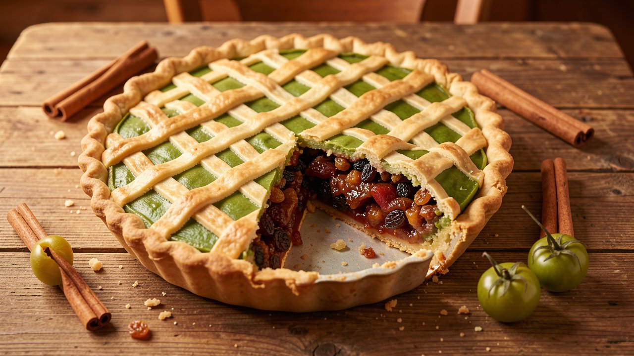 A lattice-topped green tomato mock mincemeat pie with one slice removed showing dark spiced fruit filling