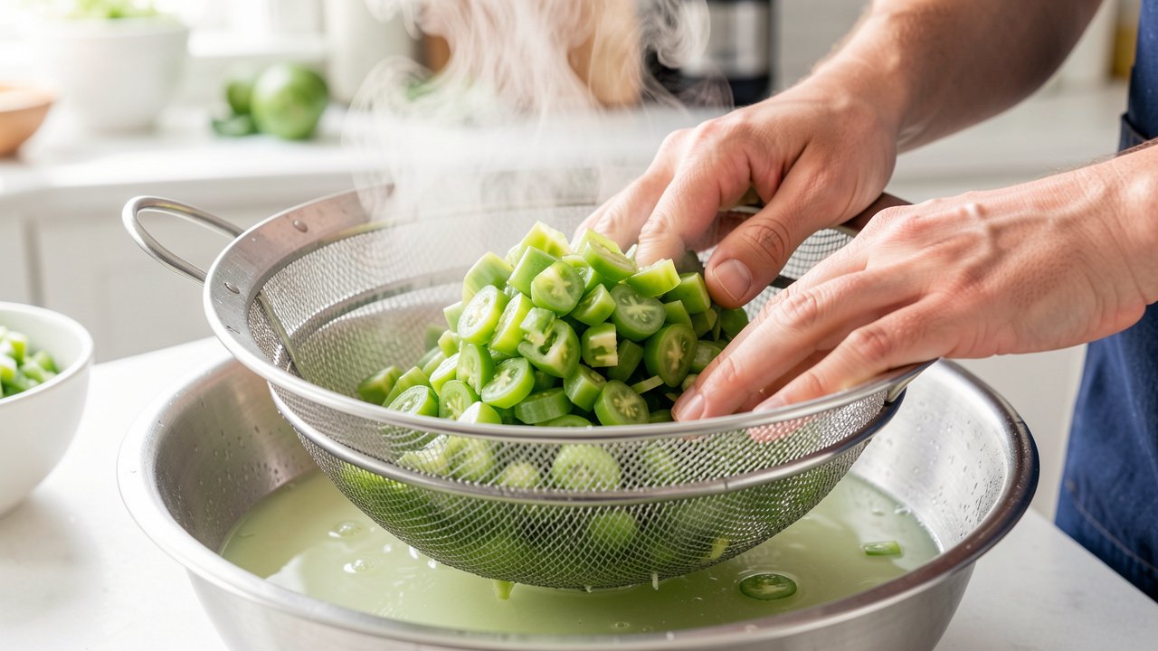 Chopped green tomatoes draining in a colander after being salted and scalded