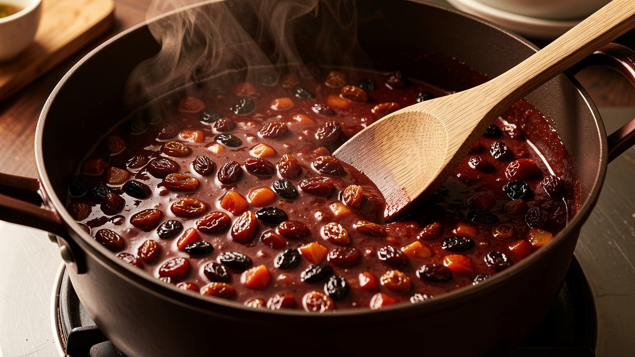 Dark spiced mock mincemeat filling thickening in a pot with a spoon track across the bottom