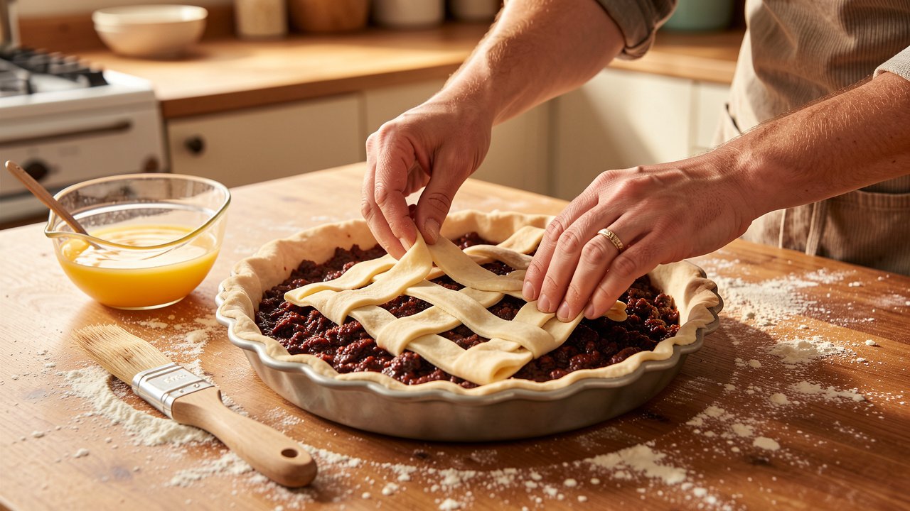 Hands weaving a lattice crust over dark mock mincemeat filling in a pie plate