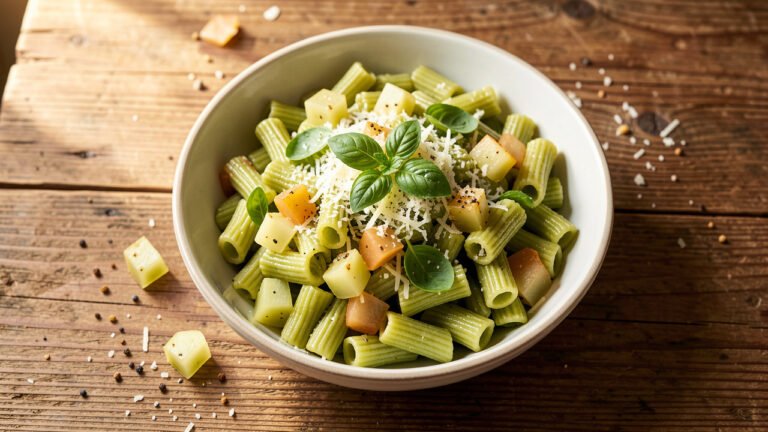 A bowl of green tomato pasta toss with golden diced green tomatoes, Parmesan, and basil