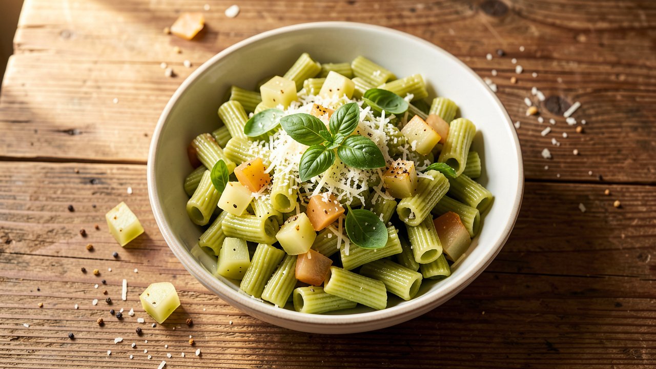 A bowl of green tomato pasta toss with golden diced green tomatoes, Parmesan, and basil