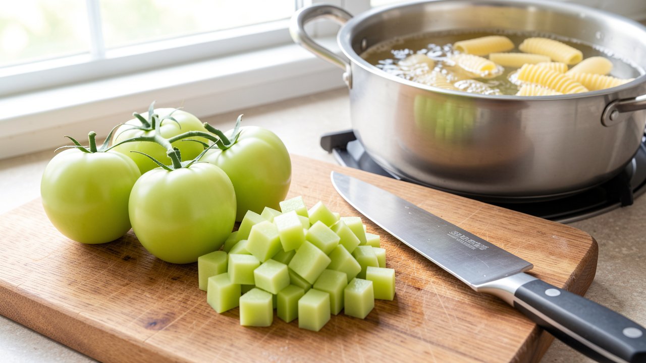 Firm green tomatoes diced into small cubes on a board beside a pot of boiling pasta water