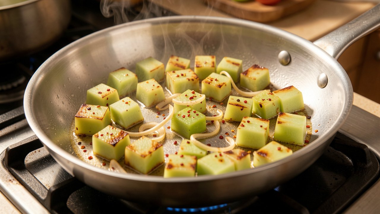 Diced green tomatoes searing with garlic in a skillet, edges turning golden