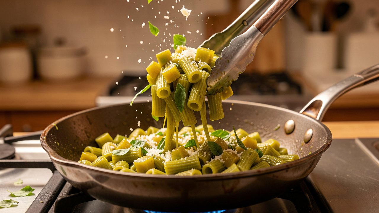 Green tomato pasta being tossed in a skillet with Parmesan and fresh basil