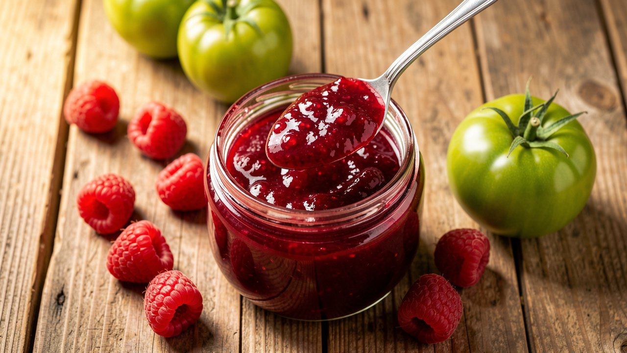 Half-pint jars of ruby-red green tomato raspberry jam with fresh raspberries and green tomatoes