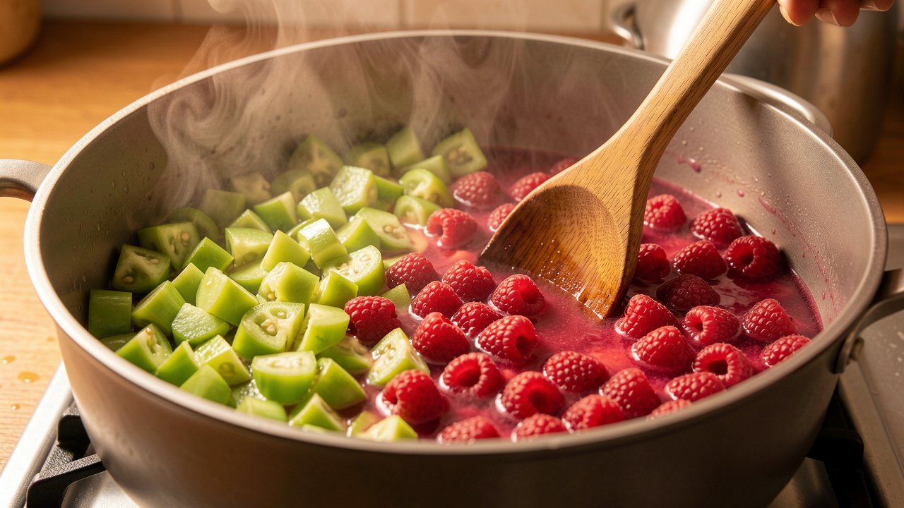 Green tomatoes and raspberries boiling together and turning deep red in a heavy pot