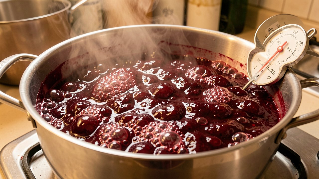 Green tomato raspberry jam boiling hard with a candy thermometer clipped to the pot