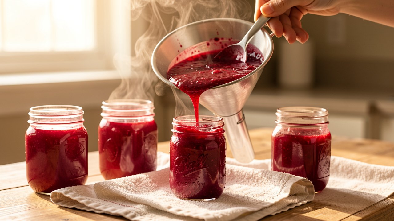 Hot green tomato raspberry jam being ladled through a funnel into a half-pint jar