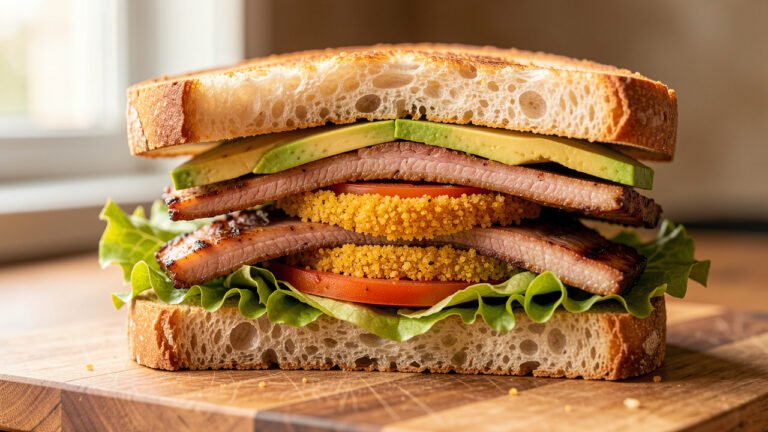 A pork belly BLT cut in half showing crisp pork belly, a fried tomato slice, avocado and lettuce
