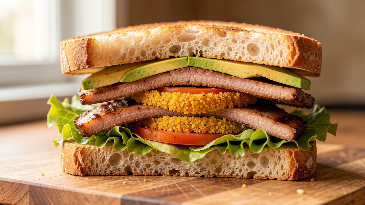 A pork belly BLT cut in half showing crisp pork belly, a fried tomato slice, avocado and lettuce