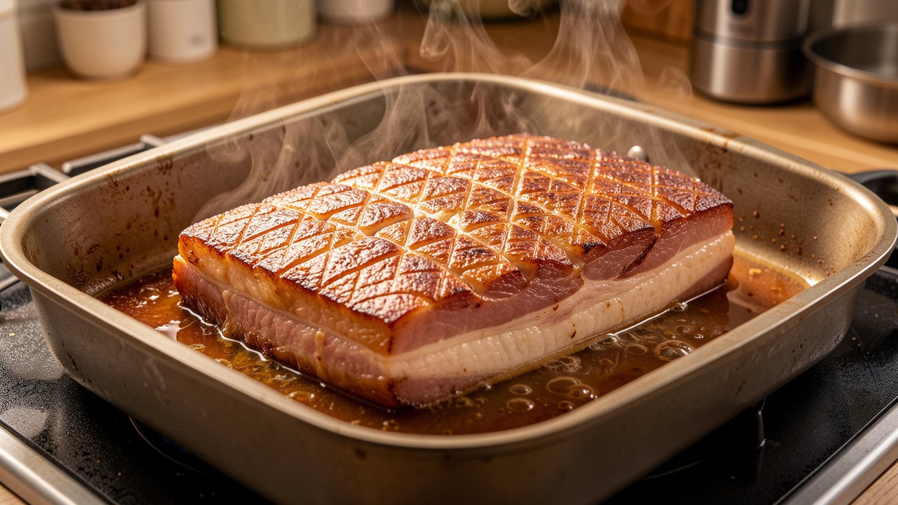 Slow-cooked pork belly slab resting in a roasting pan with rendered fat around it