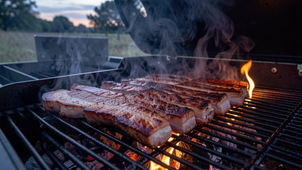 Thick pork belly slices searing on a grill with crackling caramelized edges