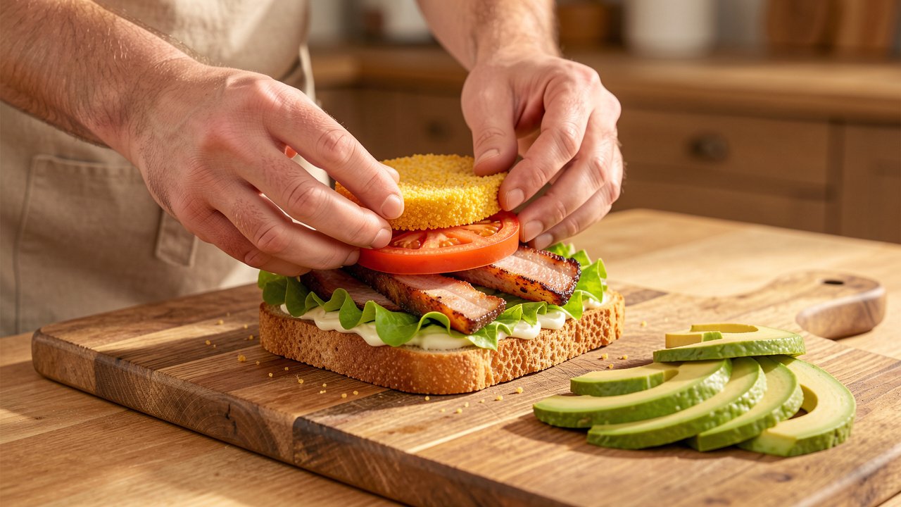 Hands stacking fried tomato and pork belly onto toasted bread with lettuce and avocado