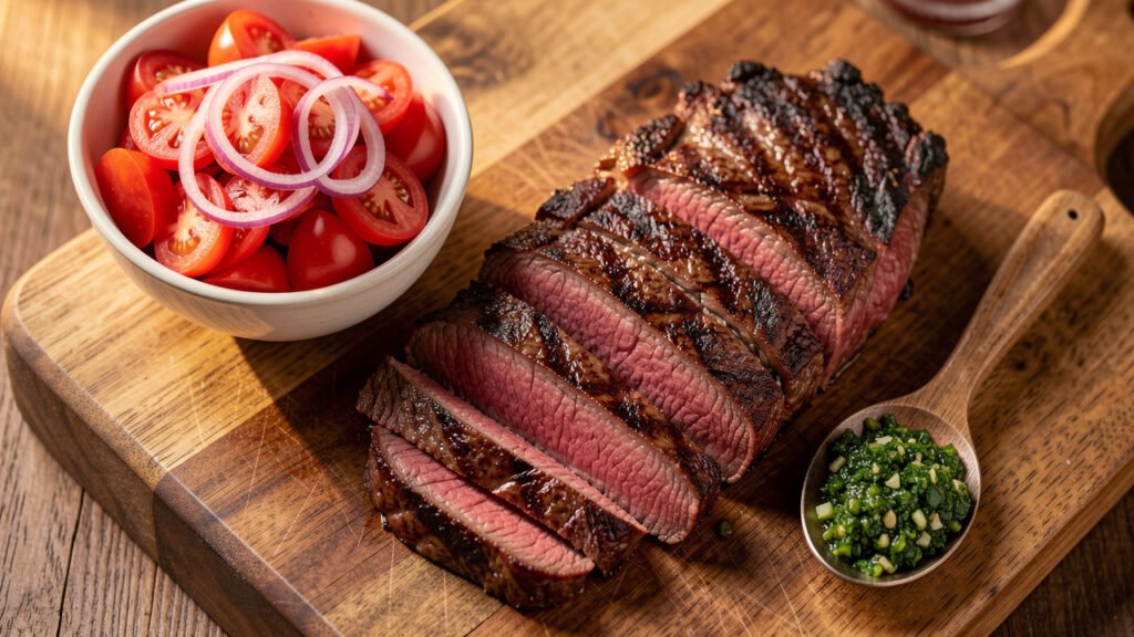 Sliced grilled rib eye on a board with a bowl of tomato salad and chimichurri sauce