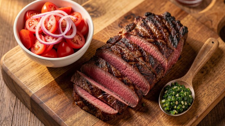Sliced grilled rib eye on a board with a bowl of tomato salad and chimichurri sauce