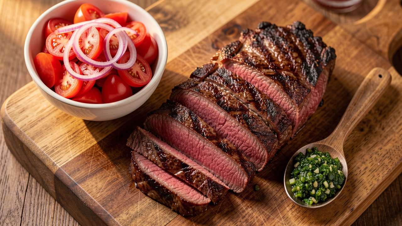 Sliced grilled rib eye on a board with a bowl of tomato salad and chimichurri sauce