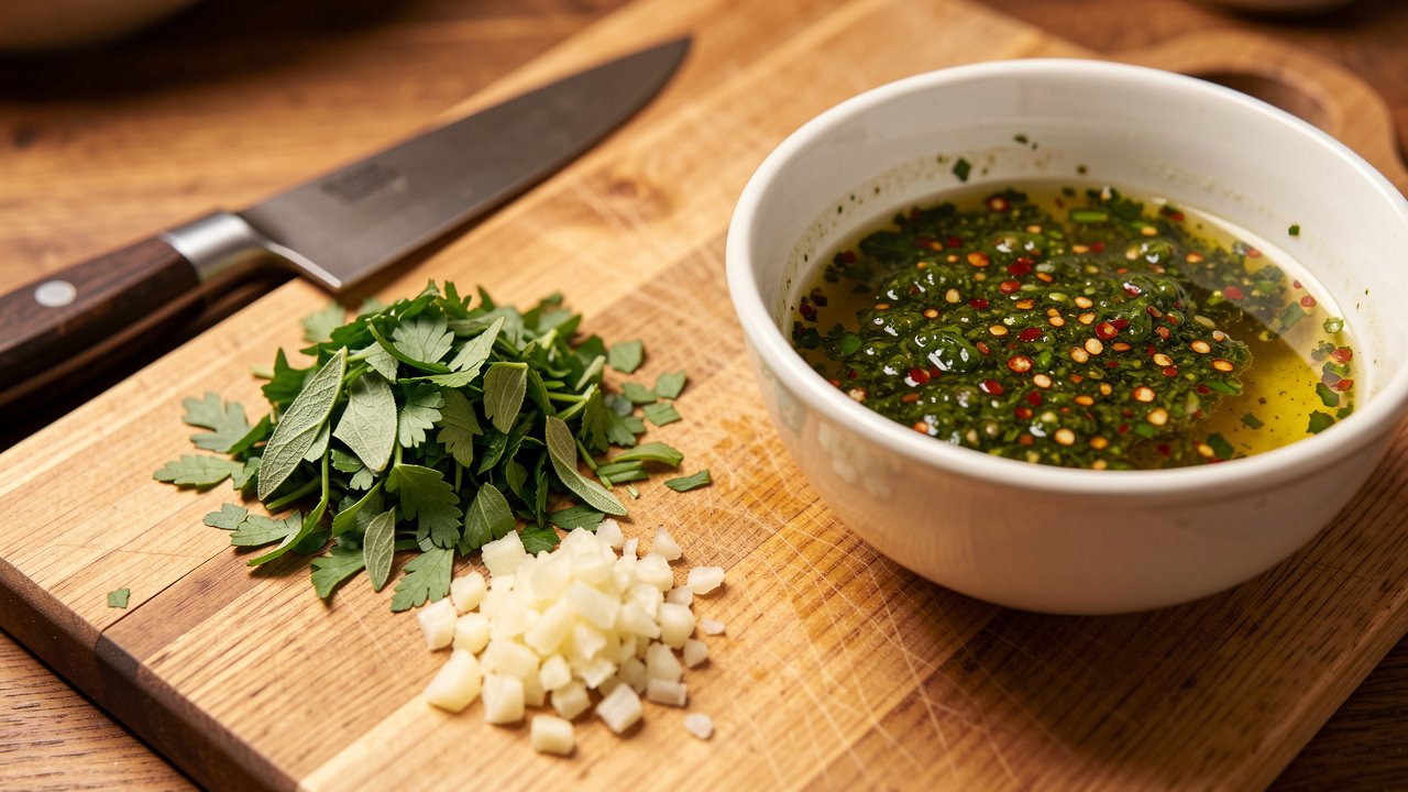 Hand-chopped parsley, oregano, and garlic beside a bowl of coarse chimichurri
