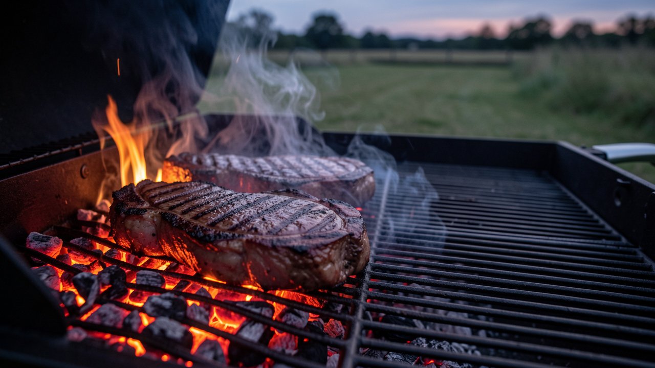 Two thick rib eye steaks searing over glowing coals on a two-zone grill