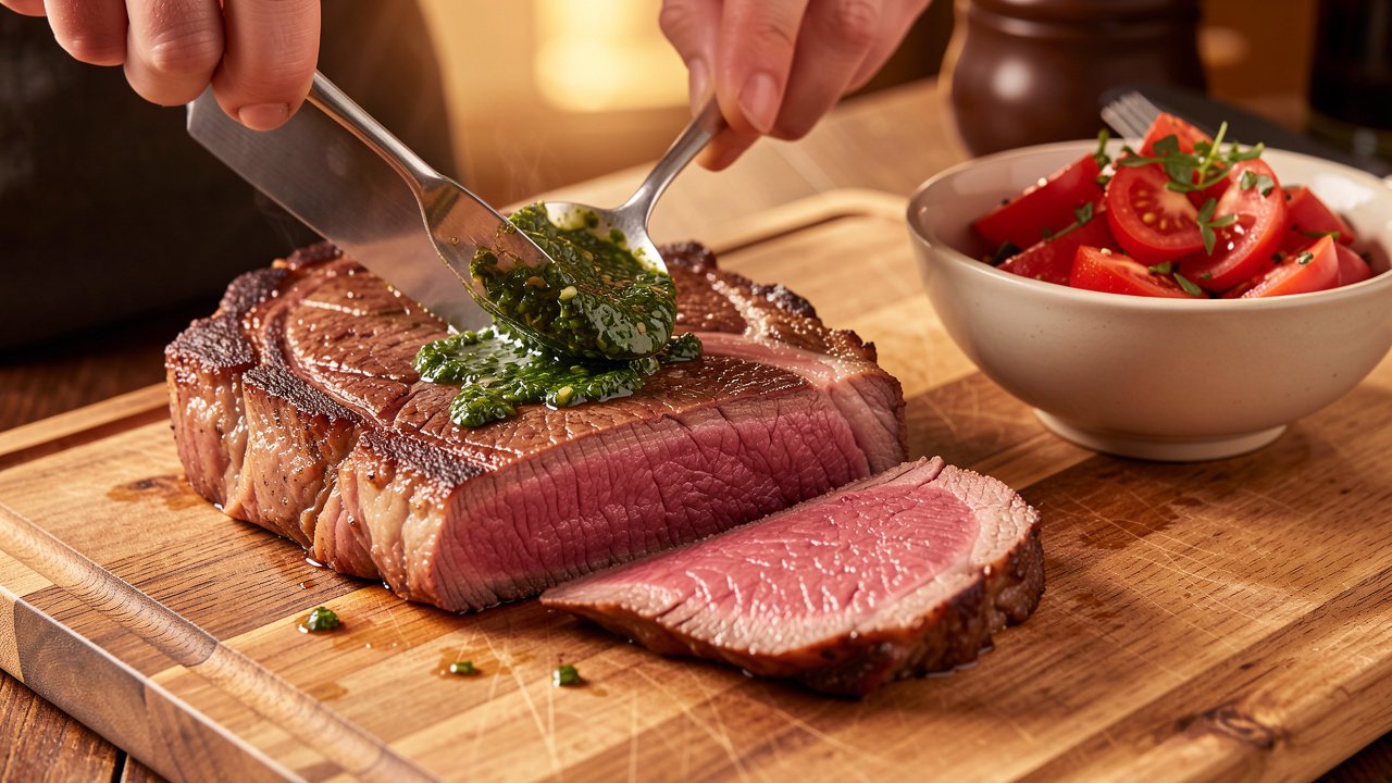 Rested rib eye sliced against the grain with chimichurri spooned over the slices