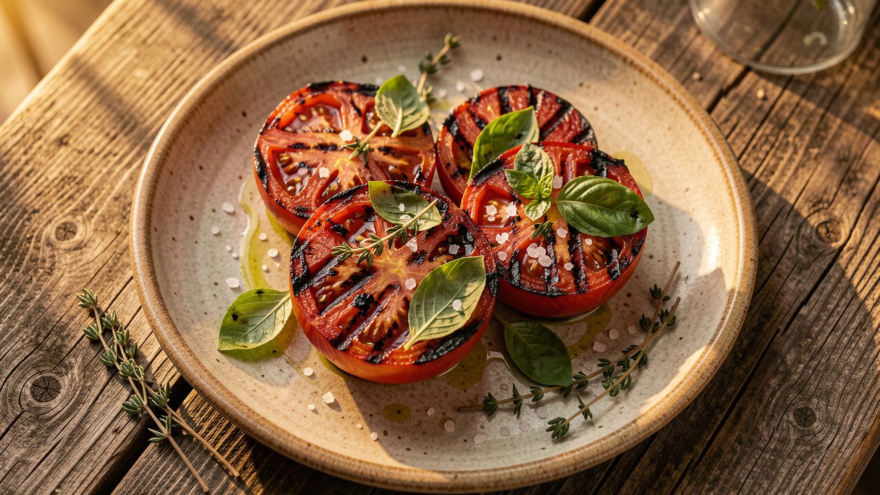 Charred grilled tomato halves on a platter topped with fresh basil, thyme and flaky salt