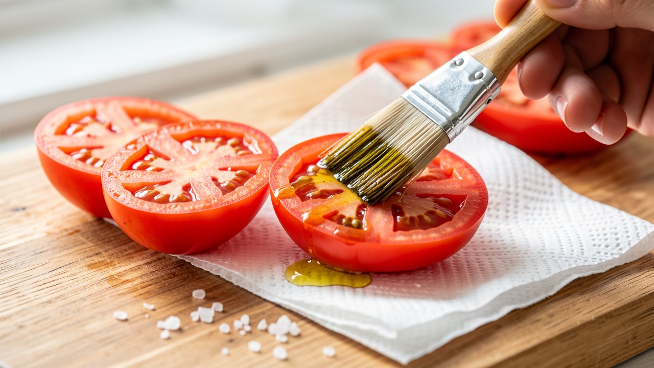 Salted tomato halves being blotted dry and brushed with oil before grilling