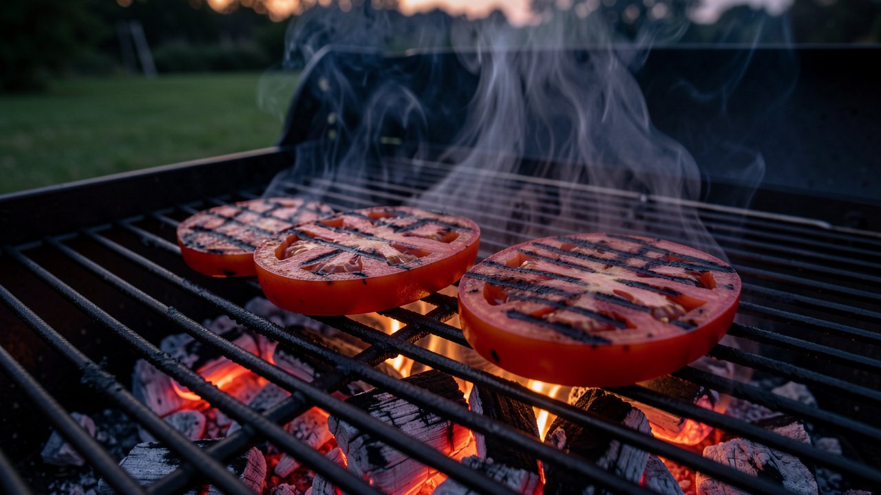 Tomato halves cooking cut side down on a charcoal grill with dark bar marks forming