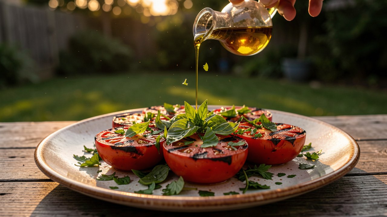 Grilled tomato halves on a platter being finished with fresh herbs and olive oil