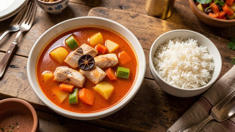 A bowl of tangy Emirati salona fish stew with vegetables and a dried black lime, served with white rice