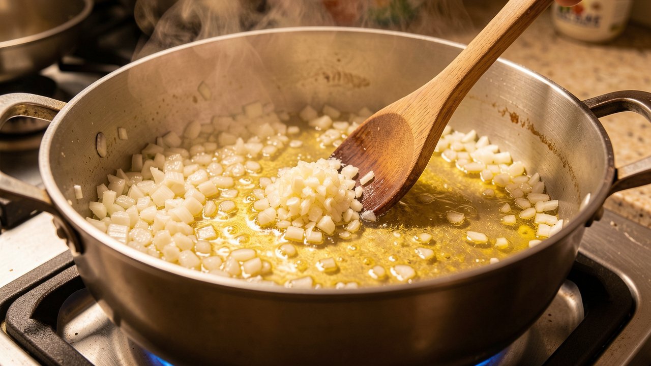 Onions and garlic softening to golden in oil in a wide pot