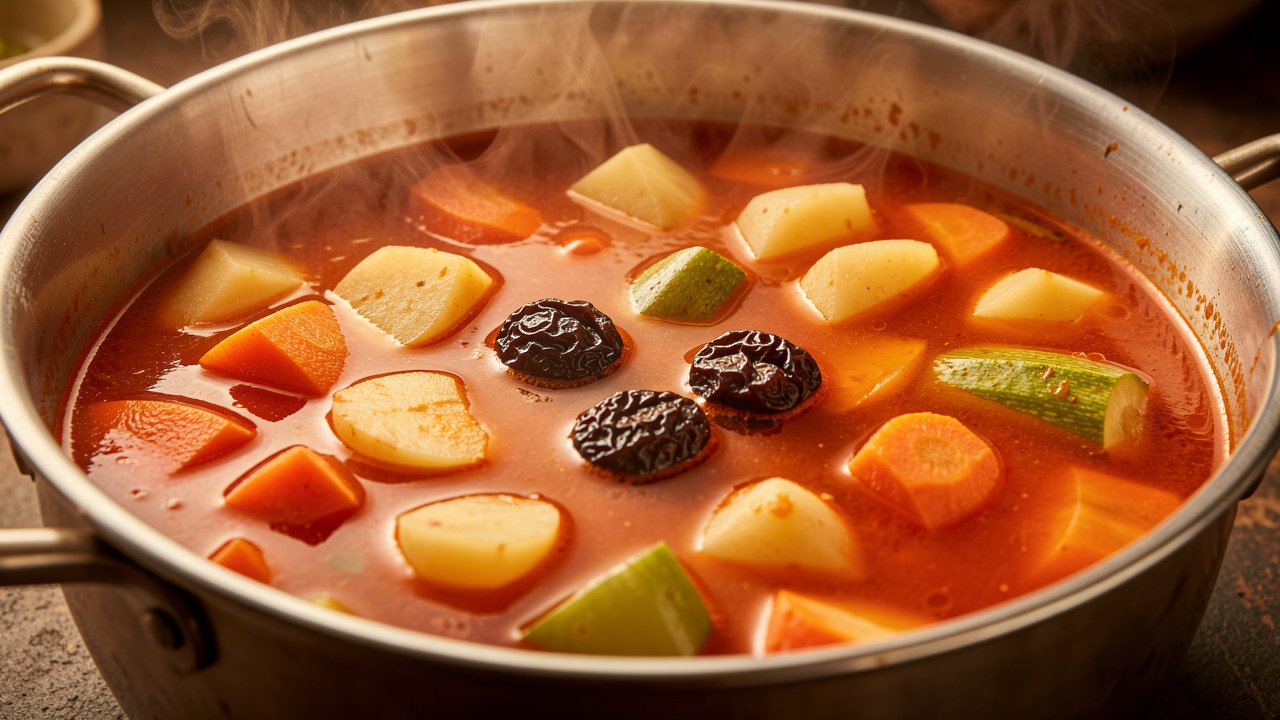 A red-orange salona broth simmering with vegetables and dried black limes floating on top