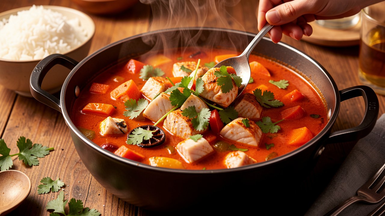 Finished salona fish stew garnished with coriander, served with white rice