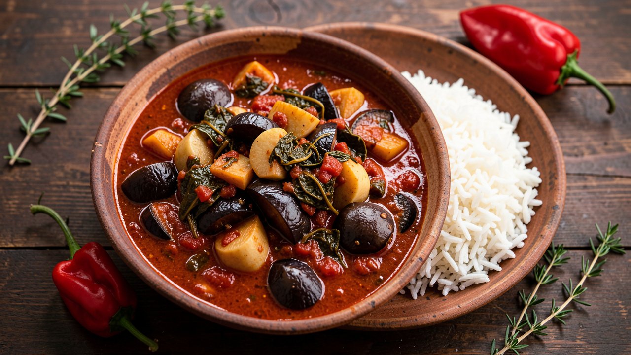 A bowl of thick Haitian legim vegetable stew served over white rice with a Scotch bonnet and thyme