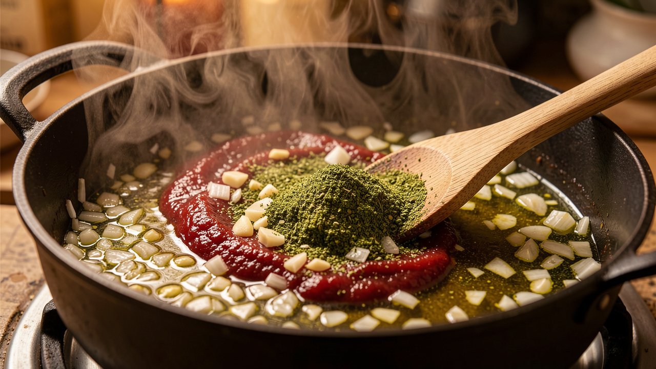 Epis and tomato paste blooming with onion and garlic in a pot