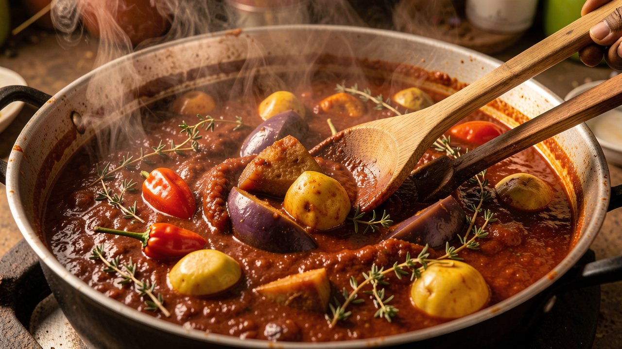 Legim vegetables simmering down into a thick tomato stew with a whole Scotch bonnet