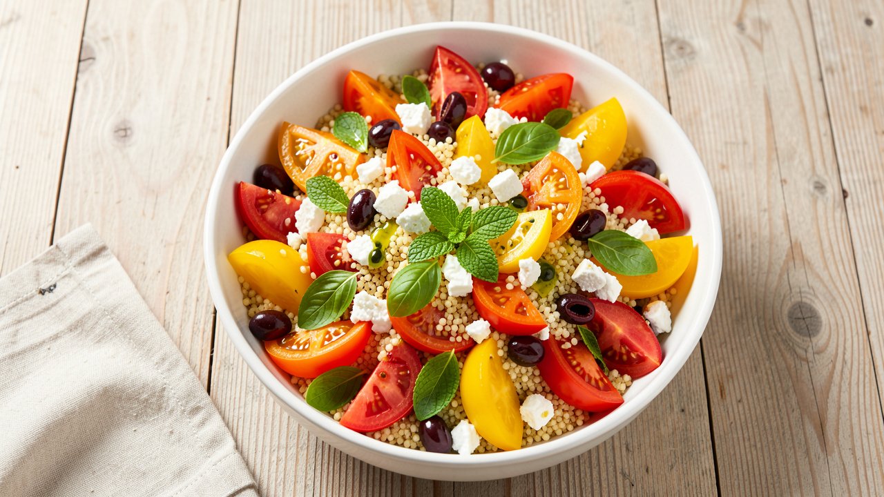 A bowl of heirloom tomato salad with toasted pearl couscous, feta, olives, and fresh herbs