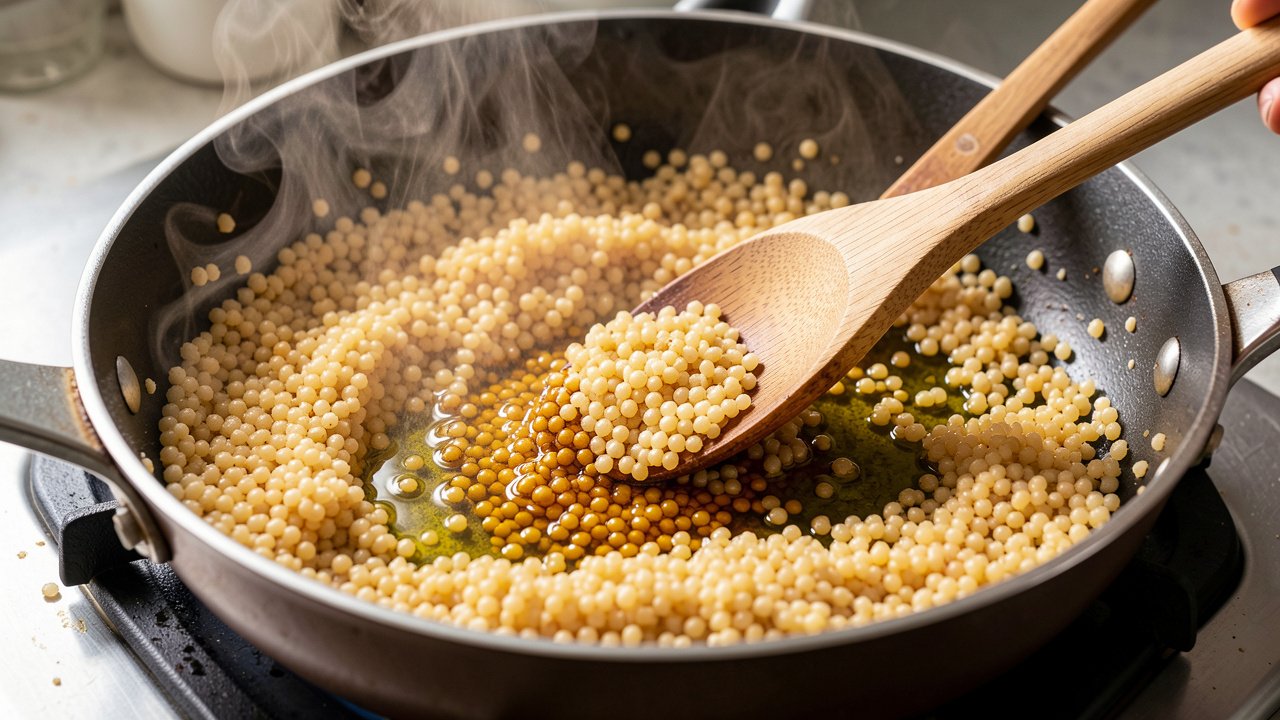 Pearl couscous toasting to golden brown in olive oil in a saucepan