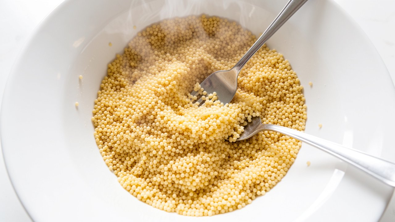 Cooked pearl couscous cooling and being fluffed with a fork in a wide bowl