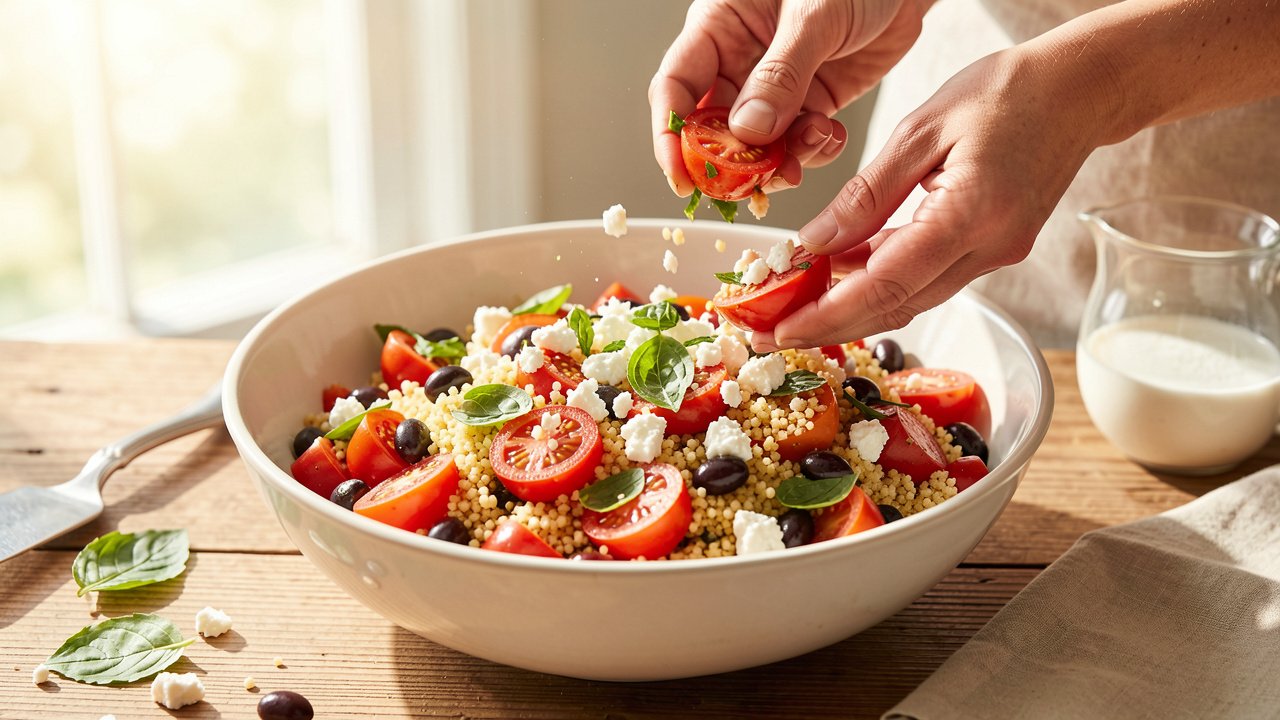 Finished heirloom tomato and pearl couscous salad being tossed with feta and torn herbs