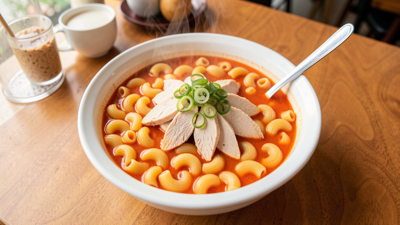 A bowl of Hong Kong tomato macaroni soup topped with sliced chicken and scallion