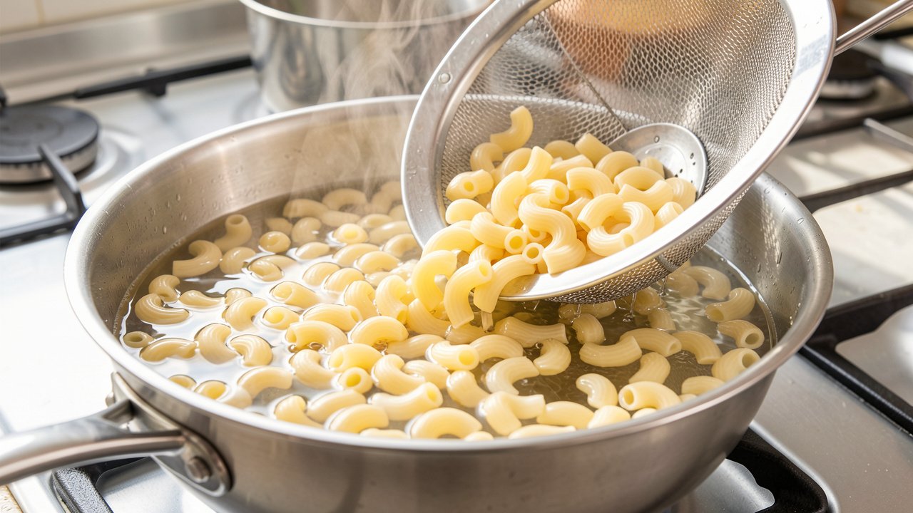 Elbow macaroni cooking in a pan of water and draining in a colander