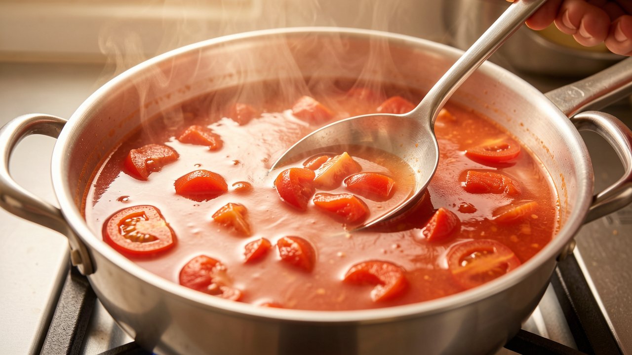 Light red tomato broth simmering in a pot with softened tomato pieces