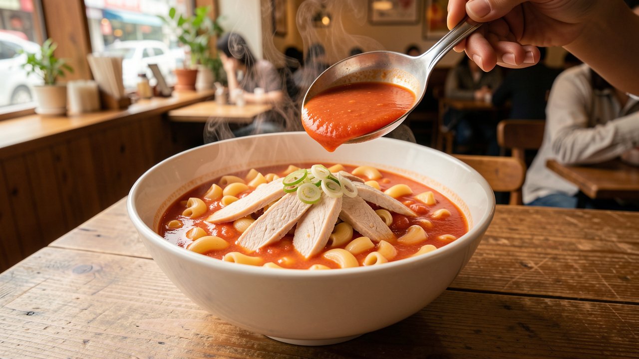 Tomato broth being ladled over macaroni topped with chicken and scallion