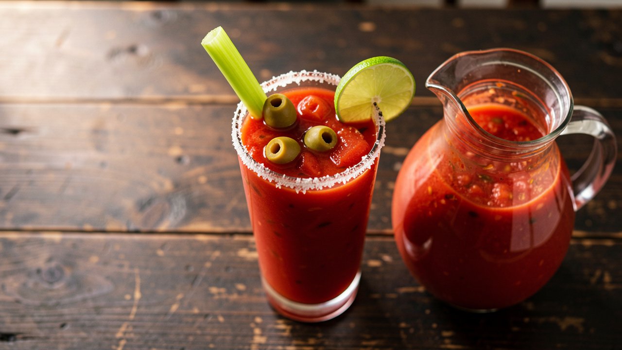 A tall glass of virgin mary made from homemade mix, garnished with celery, olives, and lime, with a pitcher of mix beside it