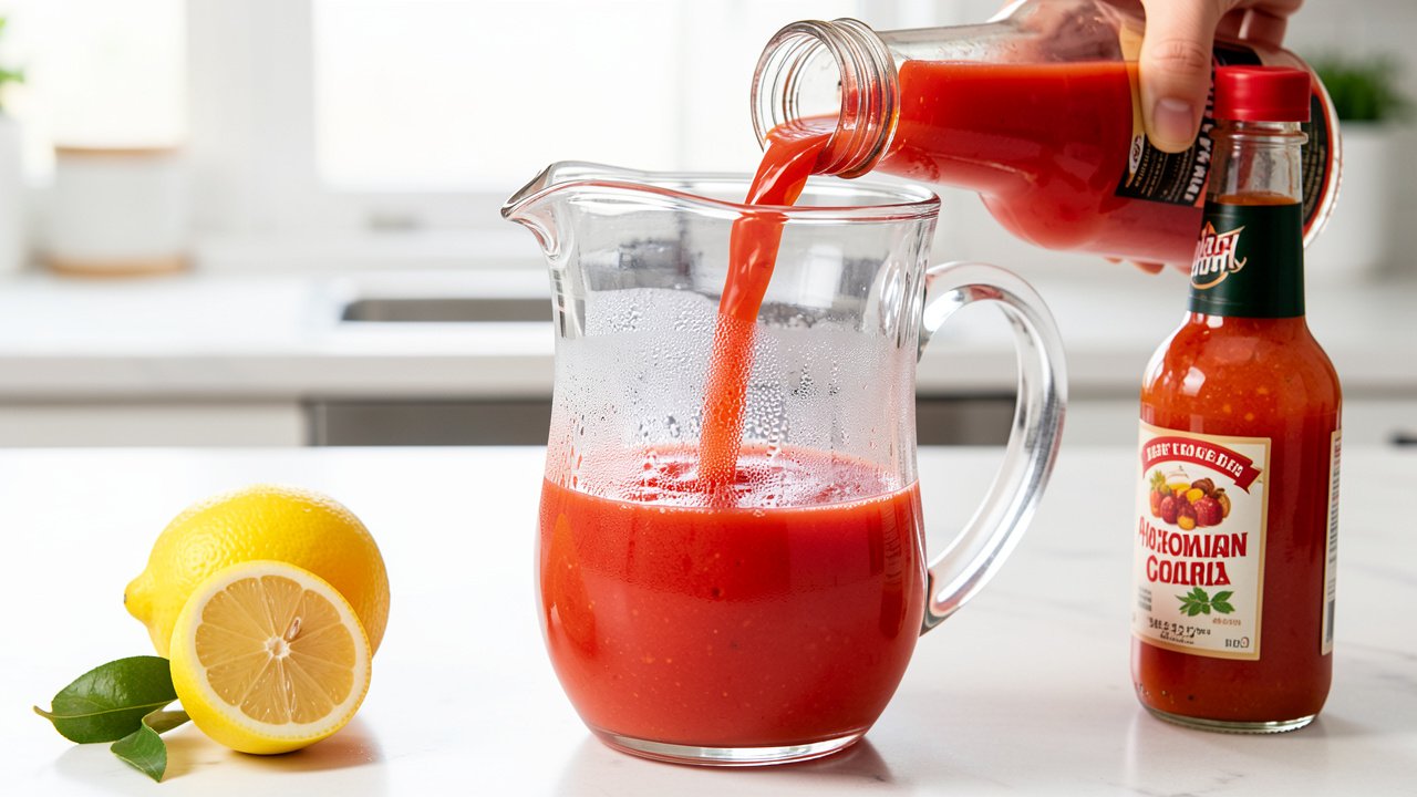 Chilled tomato juice being poured into a glass pitcher to start the virgin mary mix